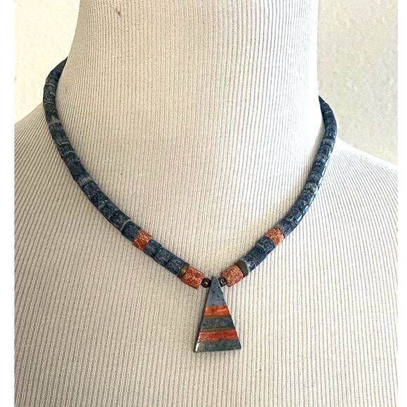 Vintage Red Coral & Blue Sponge Bead Necklace Genuine Stone Heishi Boho Tribal - Picture 1 of 5